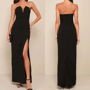 Lulu's Black Strapless Plunge-Neck Maxi Gown with Thigh Slit